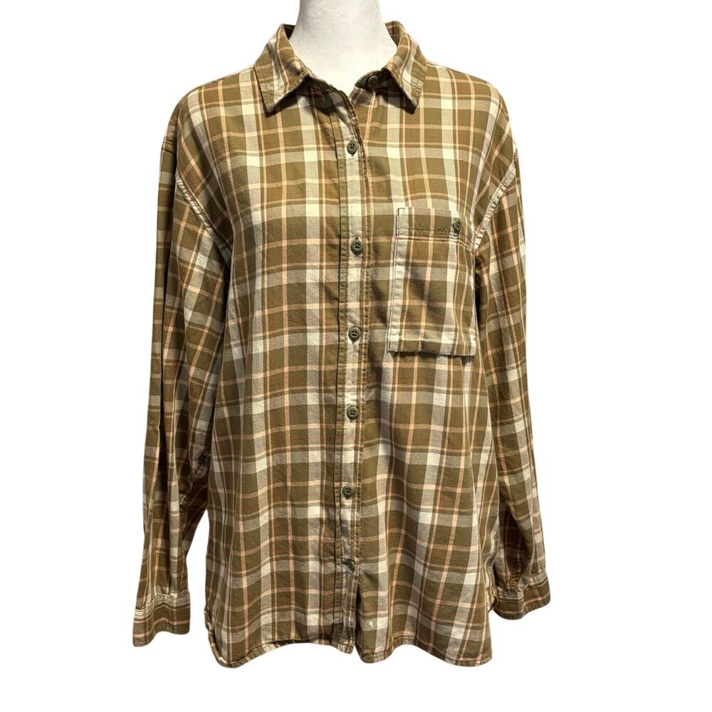🌻 2/$20 REI Cooperative Co-op L Button Up Shirt Plaid Cotton Gorpcore FLAW
